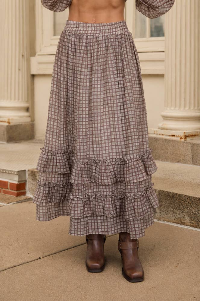 Brown Plaid Ruffled Tiered Hem Midi Skirt