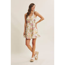 Natural Multi Gently Flared Hem Button Down Floral Halter Neck Mini Dress
