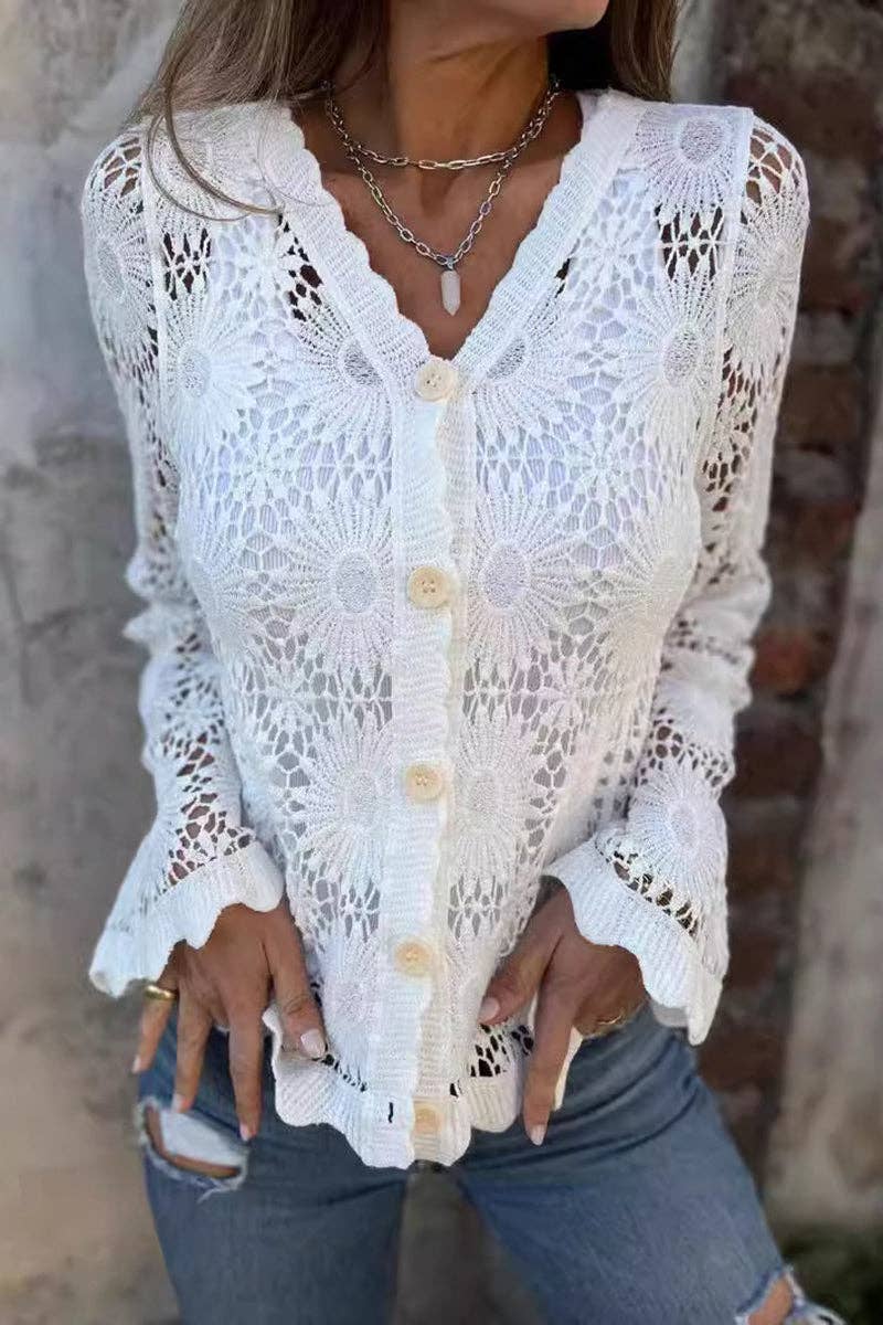 White Crochet Button-Up Blouse with Flared Sleeves