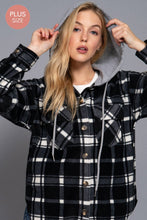 Black Ivory Plus Long Slv Plaid Button Down Hoodie Fleece Jacket