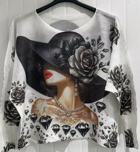 White Lady Round Knit Printed Sweater