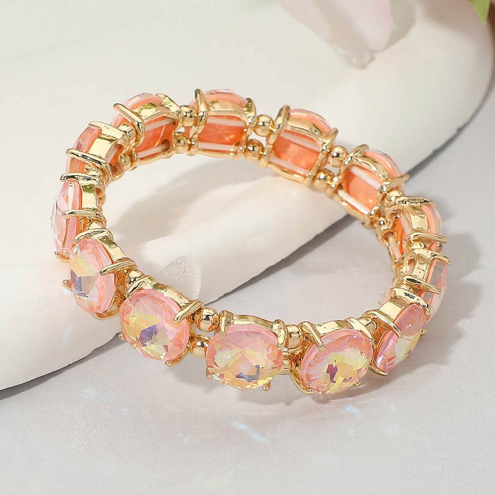 Pink Round Stone Cluster Beaded Stretch Evening Bracelet