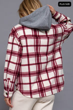 Ivory Wine Plus Long Slv Plaid Button Down Hoodie Fleece Jacket