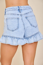 Light Denim Lace-Up Ruffle Denim Shorts