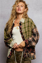 Black Olive Long sleeve plaid patchwork floral ruffle detail shirt POL top