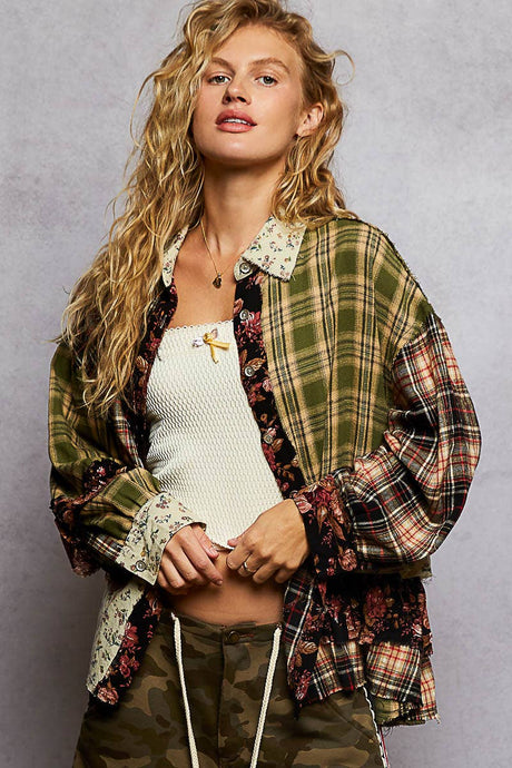 Black Olive Long sleeve plaid patchwork floral ruffle detail shirt POL top