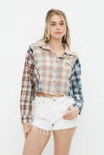 Taupe Blue Plaid Mix Distressed Button Up Shirt