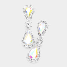 Saphire Silver Double Teardrop Accented Rhinestone Trimmed Dangle Evening Earrings
