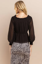 Black Smocked Neck Sheer Sleeve Blouse Top