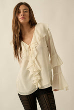 Cream Sheer Chiffon Tie-Front Ruffled Poet Blouse