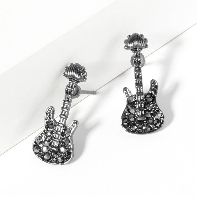 Dark Crystal Stone Paved Guitar Stud Earrings
