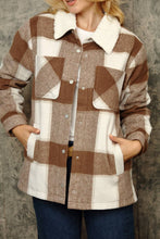 Tan Off White Black Flannel Plaid Shacket With Sherpa Lining