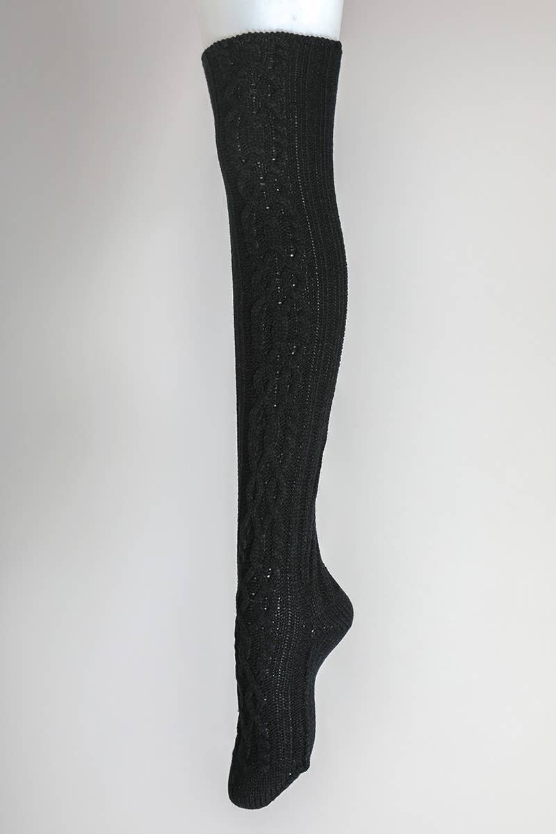 Black Bold & Cozy Thigh-High Cable Knit Socks
