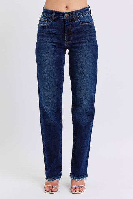 Dark Mid Rise Straight Leg with Fray Hem Judy Blue Jeans