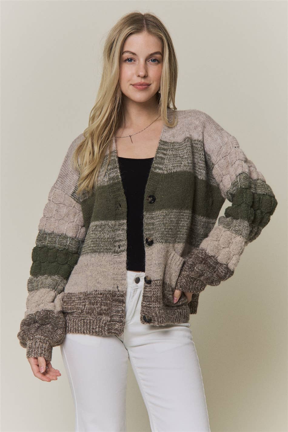 Olive Multi Button Down Bubble Sleeve Knit Cardigan