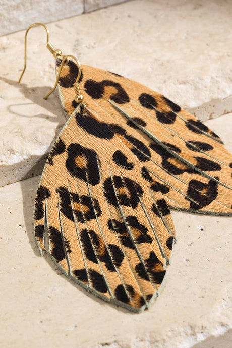 Beige Leopard Genuine Leather Feather Earrings