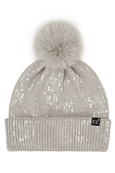 Light Grey C.C All Over Clear Sequin Pom Beanie