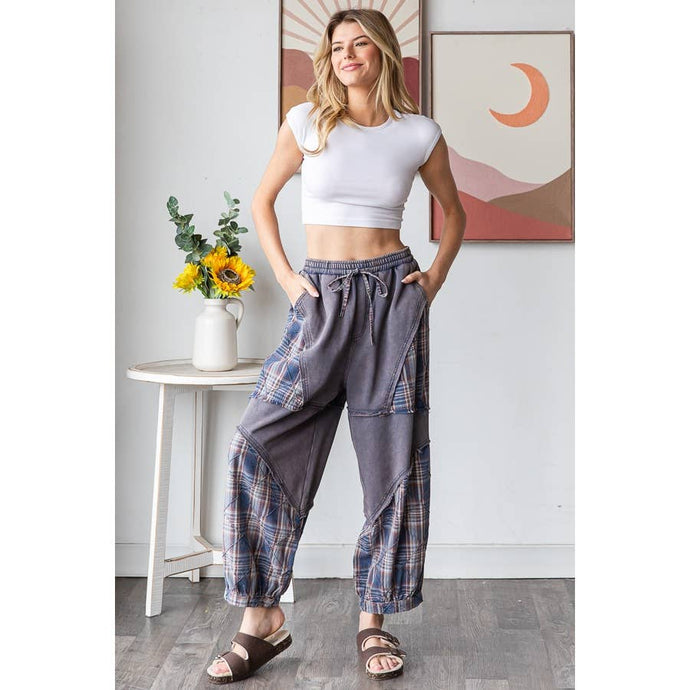 Navy Washed Plaid Mixed Terry Quilted Oli+Hali Pants