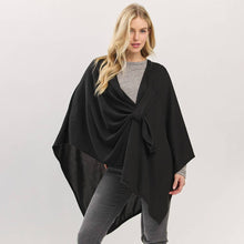 Black Asymmetrical Hem Solid Pull Through Draped Tie-Front Wrap Poncho
