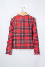 Red Plaid Mesh Lettuce Trim Long Sleeve Top