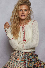 Cream Round neck solid cut and sew knit mix knit POL top