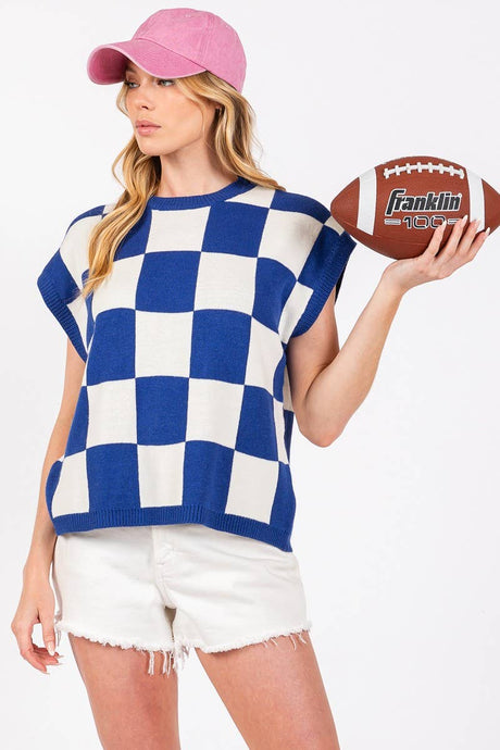Blue White Checkered Knit Sleeveless Game day Top