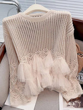 Beige Retro Hollow Out Crew Neck Knit Top