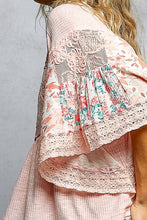 Blush Pink Rib Floral Pattern Round Neck Short Sleeve POL Top