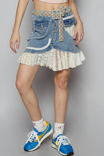 Denim Printed patchwork button down flare POL mini skirt