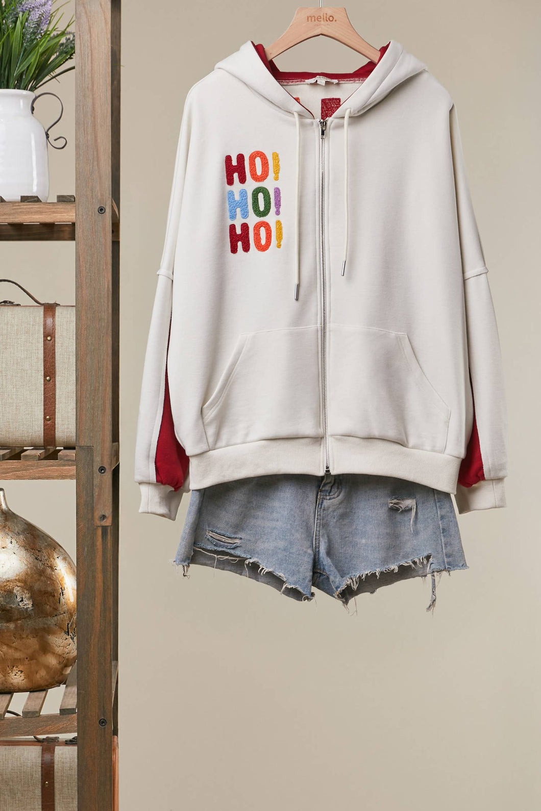 Ivory Merry Christmas Applique Zip-Up Hoodie