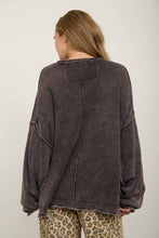 Dark Brown Washed Raw Edge Crew Neck Drop Sleeve Sweater