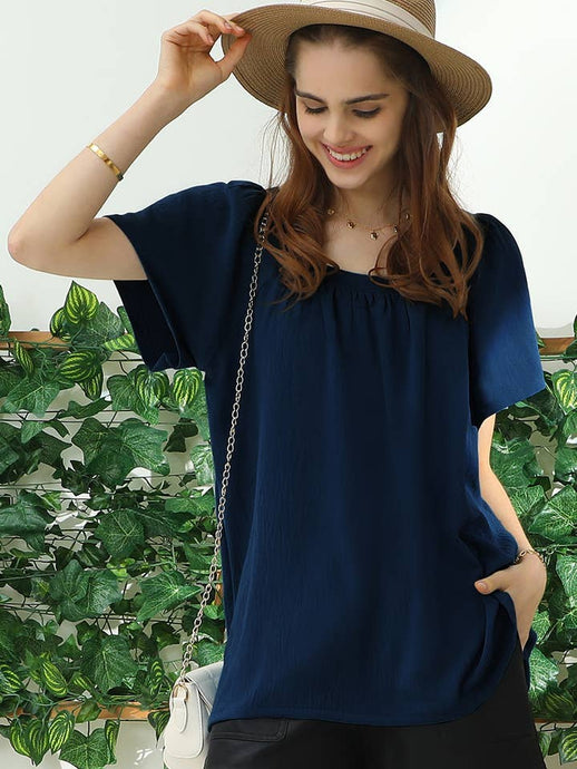 Navy Square Ruffle Neck Short Sleeve Blouses