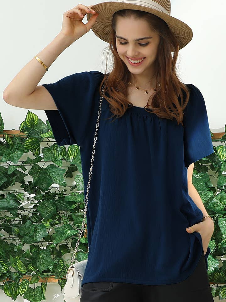 Navy Square Ruffle Neck Short Sleeve Blouses