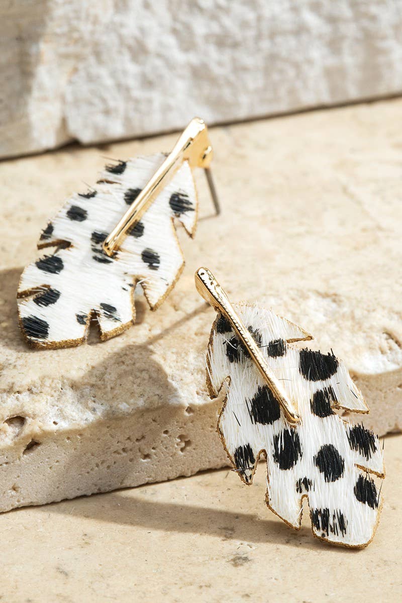 Cheetah White Genuine Leather Banana Leaf Earrings