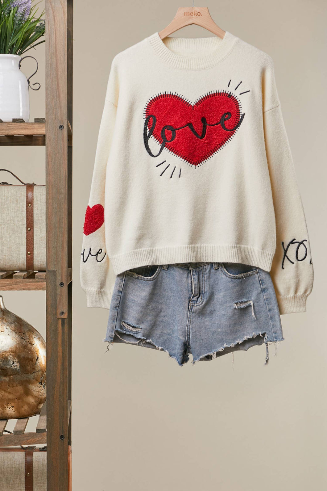 Cream Heart “LOVE” Graphic Knit Sweater