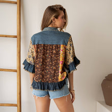 Latte Distressed Denim Crop Jacket with Ruffled Hem