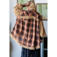 Brown Mixed Plaid Bubble Short Sleeve Oli+Hali Blouse