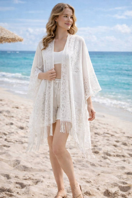 White Open Front Lace Floral Long Fringe Kimono Cover-Up
