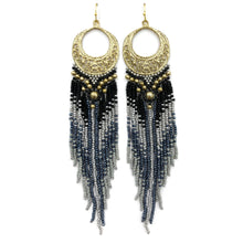 Crescent Flowers Chandelier Fringe Long Seed Bead Earrings: Black