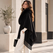 Black Faux Fur Collar Trim Fringe Shawl Poncho