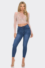Pink Rhinestone Sheer Mesh Long Sleeve Crop Top