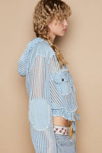 Baby Blue Multi Open knit button down pocket front hooded shirt POL top