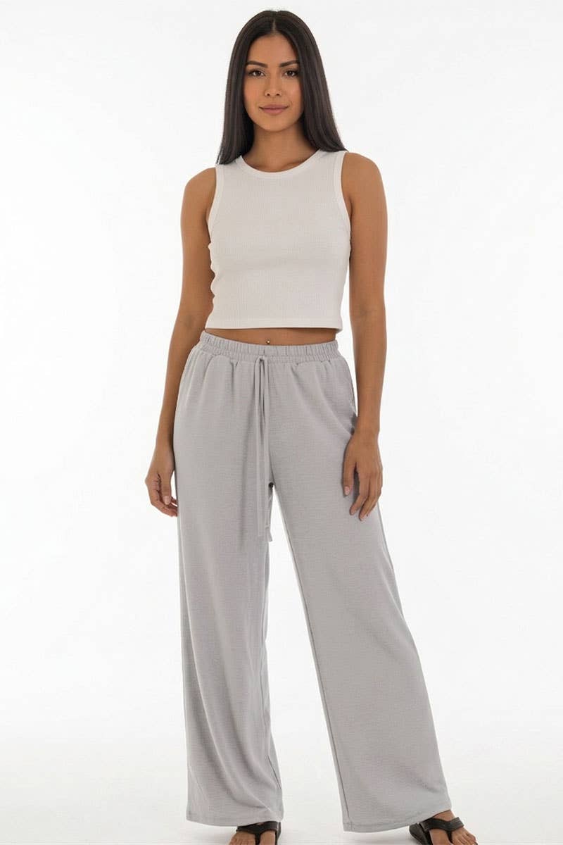 Drawstring waist wide leg minimalist pants: Grey / S