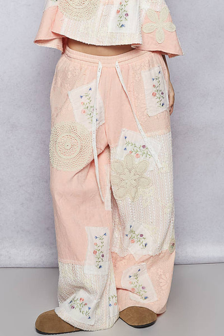Pale Pink Solid Lace Patch Detail Woven POL Pants