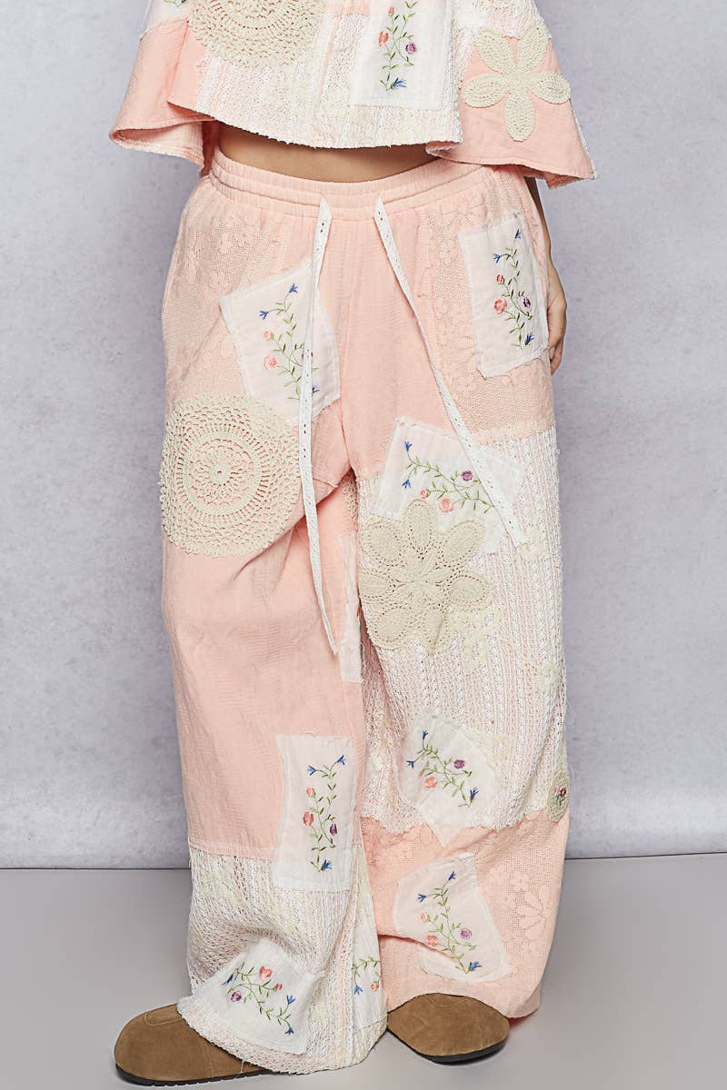 Pale Pink Solid Lace Patch Detail Woven POL Pants
