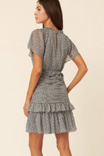 Faded Denim Floral Surplice Butterfly Tiered Ruched Mini Dress