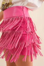 Hot Pink Wide Faux Leather Waist Tiered Fringe Studded Short