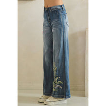 Denim Washed Floral Embroidered Darted Oli+Hali Pants