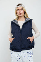 Navy Plaid Collar Quilted Zip Up Vest