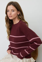 Red Wood Stripe Raw Crew Neck Long Sleeve Sweater